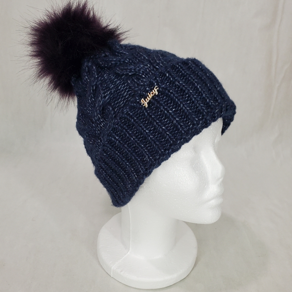 NWOT Juicy Couture Blue, Purple Pom-Pom Winter Snow Hat Gold Juicy Emblem